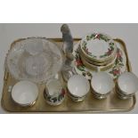 TRAY CONTAINING 2 LLADRO FIGURINES, WEDGEWOOD TEA WARE, CUT GLASSWARE ETC