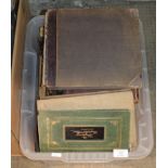 BOX CONTAINING VARIOUS OLD PHOTOGRAPH & POSTCARD ALUMS, SMALL STAMP ALBUMS ETC