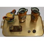 TRAY CONTAINING NOVELTY LIDDED TEAPOT, POSTAL SCALES, WEIGHTS, PAIR OF DECORATIVE VASES ETC