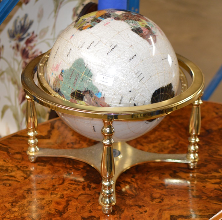 LARGE GEM INSET WORLD GLOBE ON GILT REVOLVING STAND