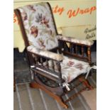 VICTORIAN MAHOGANY AMERICAN STYLE ROCKING CHAIR WITH PADDED ARMS, SEAT & BACK