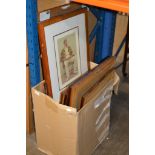 BOX WITH VARIOUS FRAMED PICTURES, CRICKET PICTURES, FOOTBALL PICTURES ETC