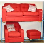 3 PIECE MODERN RED FABRIC LOUNGE SUITE COMPRISING 2 SEATER SETTEE, SINGLE CHAIR & FOOT STOOL