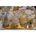TRAY WITH MIXED CERAMICS & GLASS WARE, 3 PIECE VICTORIAN TEA SERVICE, LIDDED GLASS DISH, GLASS