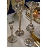 PAIR OF EDWARDIAN WEIGHTED LONDON SILVER FLOWER VASES & PAIR OF EPNS CANDLE STICKS