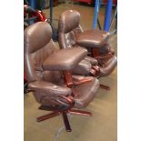 PAIR OF MODERN BROWN LEATHER EASY CHAIRS WITH MATCHING FOOT STOOLS