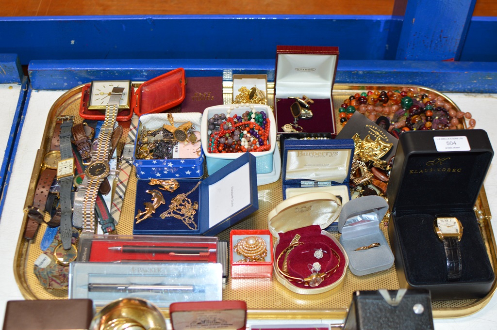 TRAY WITH QUANTITY VARIOUS COSTUME JEWELLERY, VARIOUS BEADS, GILT CHAINS, WRIST WATCHES, MODERN