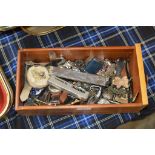 BOX WITH VARIOUS WRIST WATCHES, COSTUME JEWELLERY, VARIOUS LIGHTERS, HARMONICA ETC