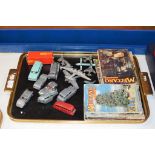 TRAY WITH VARIOUS VINTAGE DINKY MODELS, CARS, PLANES ETC & VARIOUS OLD MECCANO MAGAZINES