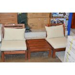 PAIR OF WOODEN GARDEN SEATS WITH MATCHING TABLE