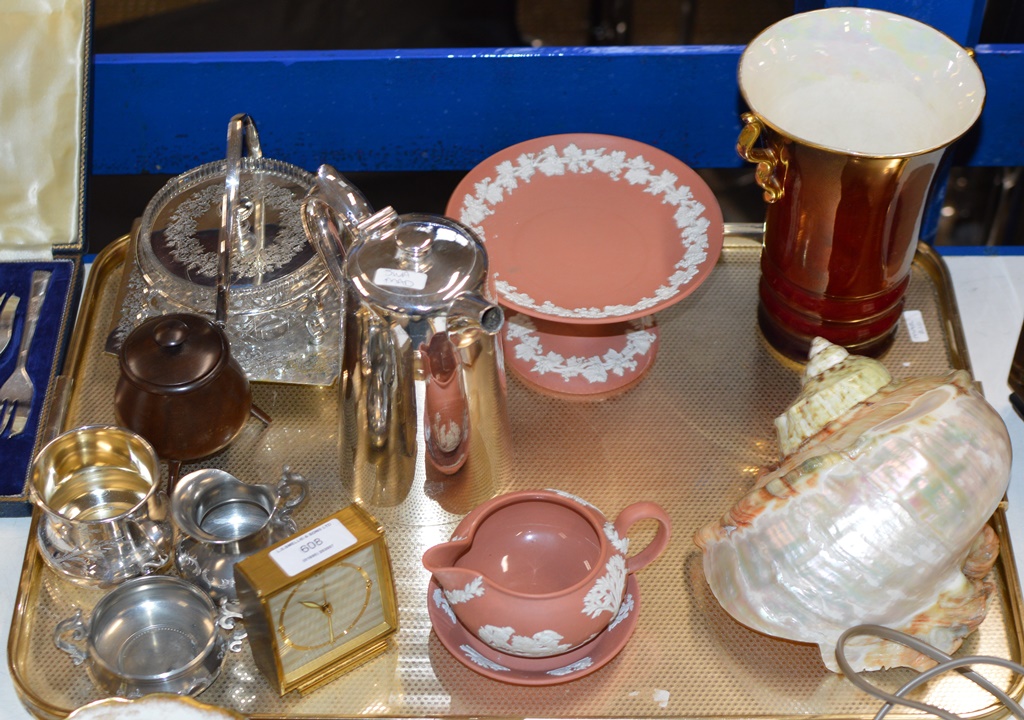 TRAY CONTAINING VINTAGE TRAVEL ALARM CLOCK, WEDGWOOD POTTERY, SEA SHELL DISPLAY, CARLTON VASE, E.P.