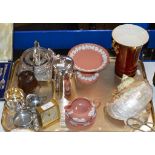 TRAY CONTAINING VINTAGE TRAVEL ALARM CLOCK, WEDGWOOD POTTERY, SEA SHELL DISPLAY, CARLTON VASE, E.P.