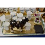 TRAY CONTAINING VARIOUS MUGS, CLYDESDALE HORSE ORNAMENT, E.P.N.S. SPOONS, FLORAL POSY ORNAMENTS ETC