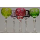 A SET OF 6 BOHEMIAN STYLE COLOURED STEM WINE GLASSES