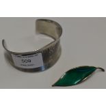 VINTAGE DANISH PEWTER BANGLE GEORG JENSEN & NORWEGIAN STERLING SILVER & ENAMEL LEAF BROOCH PIN BY