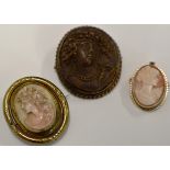 9 CARAT GOLD MOUNTED CAMEO BROOCH PIN, A 19TH CENTURY LAVA STYLE BROOCH PIN & A VICTORIAN GILT METAL