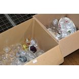 2 BOXES WITH ASSORTED CRYSTAL & GLASS WARE, DECANTER, VARIOUS SERVING DISHES, STEM GLASSES ETC