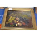 SMALL GILT FRAMED OIL ON BOARD - STILL LIFE, FRUIT, SIGNED COLLINS