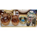 TRAY CONTAINING CHINESE LIDDED JAR, JAPANESE IMARI VASES, POTTERY JUGS, NORITAKE DISH ETC