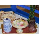 TRAY CONTAINING PAIR OF GLASS DECANTERS, WHITEFRIARS STYLE GLASS VASE, POTTERY COMPORTS, VARIOUS