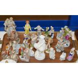 TRAY WITH VARIOUS OLD FIGURINE ORNAMENTS