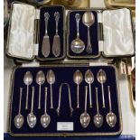 CASED SET OF 12 SHEFFIELD SILVER TEASPOONS WITH TONGS 2 MATCHED SETS OF E.P.N.S. CUTLERY