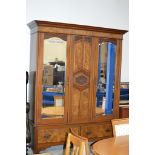 VICTORIAN MAHOGANY & WALNUT MIRRORED DOOR WARDROBE WITH UNDER DRAWERS