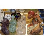 TRAY CONTAINING DECORATIVE BUST DISPLAYS, VARIOUS GLASS WARE, CRUET SET ETC