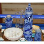 TRAY CONTAINING FIGURINE ORNAMENTS, DECORATIVE GLASS JUG, VARIOUS DISHES, POTTERY VASE, POTTERY