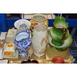 TRAY WITH LIDDED BUTTER DISHES, VARIOUS VASES, MINIATURE BASIN & EWER ETC