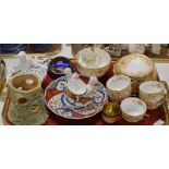 TRAY CONTAINING QUANTITY QUEENS CHINA TEA WARE, GLASS PAPERWEIGHT, FIGURINE DISPLAYS, IMARI DISH ETC