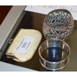 SMALL PURSE WITH SMALL QUANTITY OLD COINAGE, SILVER NAPKIN RING & 1 OTHER NAPKIN RING