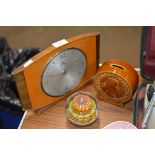 SMITH'S MANTLE CLOCK, GLASS PAPER WEIGHT & POTTERY MONEY BANK