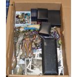 BOX CONTAINING VARIOUS COSTUME JEWELLERY, WRIST WATCHES, FIGURINE ORNAMENTS, PHOTOGRAPHS ETC