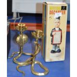 NOVELTY BOXED DECANTER & PAIR OF INDIAN BRASS COBRA CANDLE STICKS