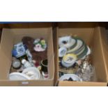 2 BOXES WITH QUANTITY VARIOUS TEA & DINNER WARE, DECANTER, E.P.N.S. WARE, FLORAL POSY ORNAMENTS ETC
