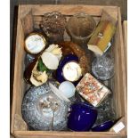 CRATE CONTAINING MALING LUSTRE LIDDED BOX, CAT ORNAMENTS, CARLTON WARE DISHES, CRYSTAL & GLASS