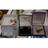 SILVER & AMBER JEWELLERY SET, PAIR OF RENNIE MACKINTOSH SILVER EARRINGS & NOVELTY SILVER MARCASITE