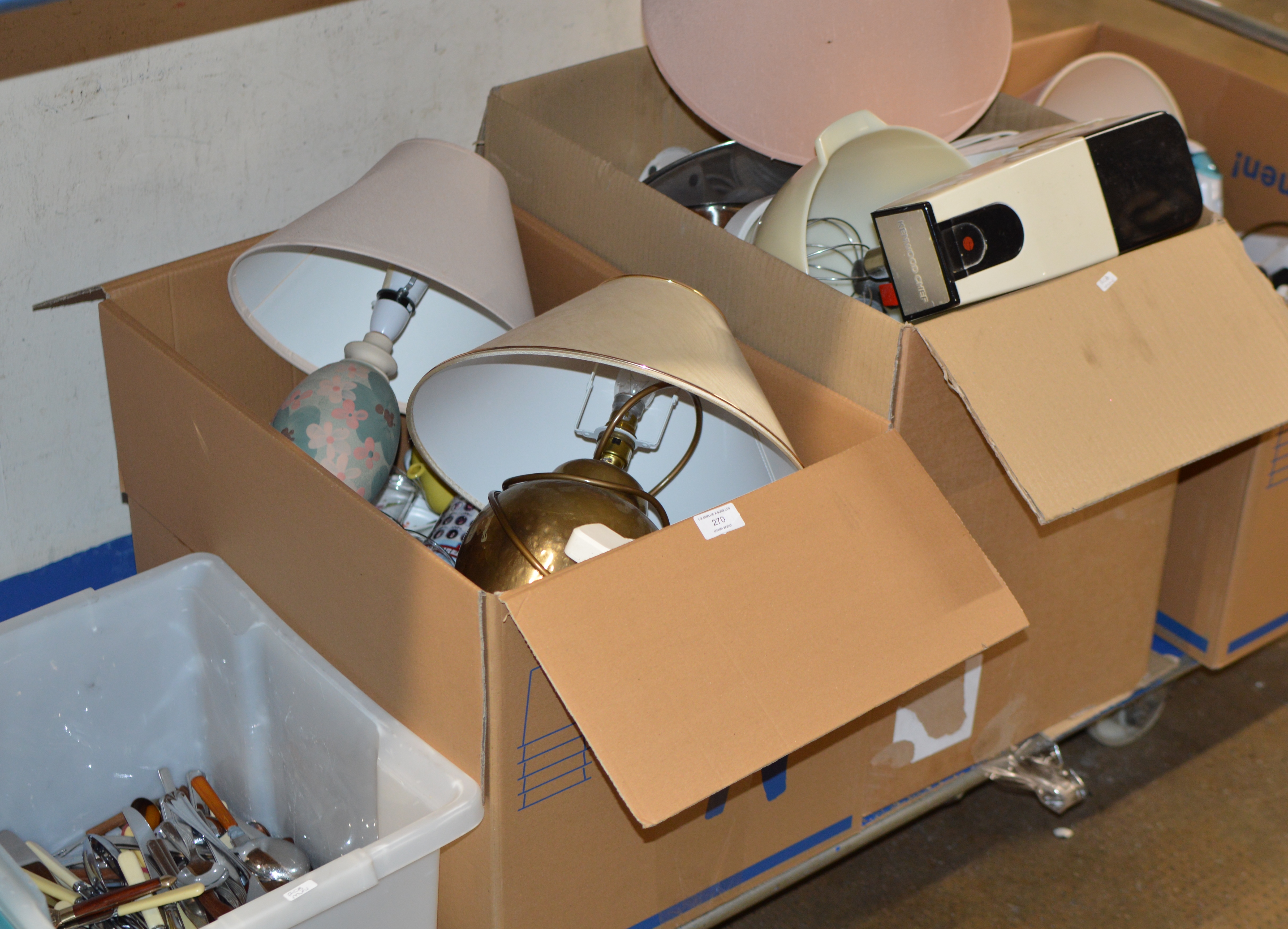 4 BOXES WITH VARIOUS KITCHEN WARE, TABLE LAMPS, VINTAGE MIXER, VARIOUS CUTLERY, DISHES, STEAM