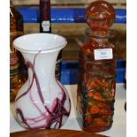 DECORATIVE COLOURED GLASS DECANTER WITH STOPPER & COLOURED GLASS VASE