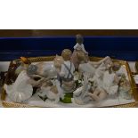 TRAY CONTAINING VARIOUS NAO FIGURINE ORNAMENTS, LLADRO CAT ORNAMENT, USSR BIRD ORNAMENT ETC