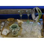 TRAY CONTAINING SET OF 6 STEM CRYSTAL GLASSES, VARIOUS GLASS WARE, MASONS JUG, BURLEIGH VASE ETC