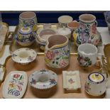 2 TRAYS WITH VARIOUS PIECES OF POOLE POTTERY WARE & HAND PAINTED MOUSTACHE CUP