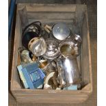 CRATE CONTAINING E.P.N.S. WARE, BOXED CUTLERY, PEWTER LIDDED JUG ETC