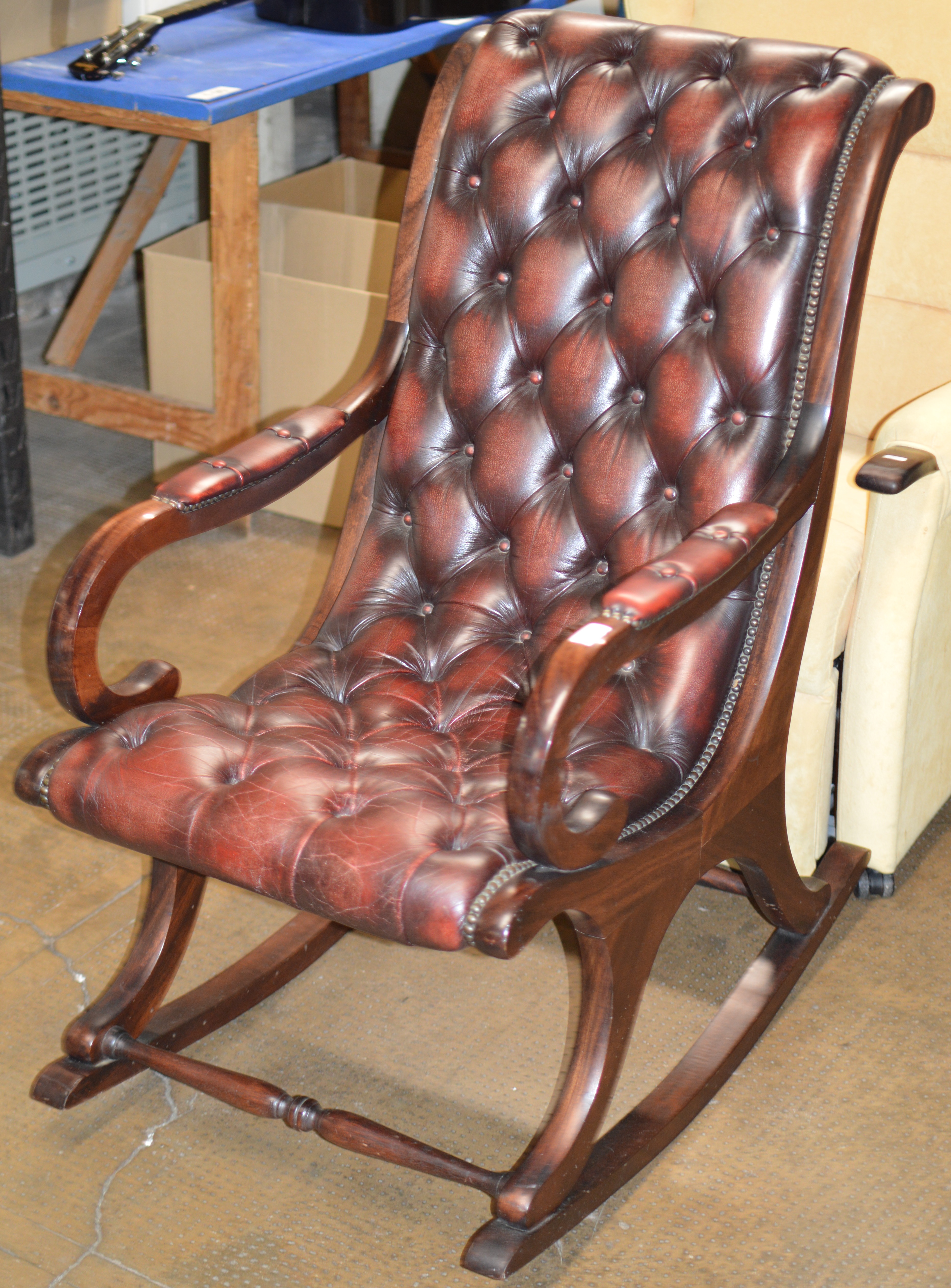 MAHOGANY FRAMED CHESTERFIELD OX BLOOD LEATHER ROCKING CHAIR