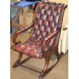 MAHOGANY FRAMED CHESTERFIELD OX BLOOD LEATHER ROCKING CHAIR