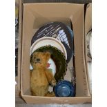 BOX WITH VINTAGE TEDDY BEAR, CRYSTAL FLOWER TUBES & GENERAL CERAMICS