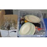 2 BOXES CONTAINING QUANTITY GLASS WARE, DINNER WARE, RECEPTION BELL, BIRD ORNAMENT, GALLERY TRAY,