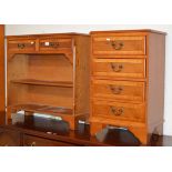 REPRODUCTION YEW WOOD BOOKCASE WITH 2 DRAWERS ABOVE & MATCHING 4 DRAWER BEDSIDE CHEST