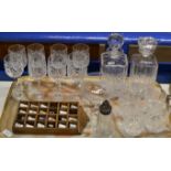 TRAY CONTAINING THIMBLE RACK WITH VARIOUS THIMBLES, SUGAR SHAKER & ASSORTED CUT CRYSTAL WARE, STEM